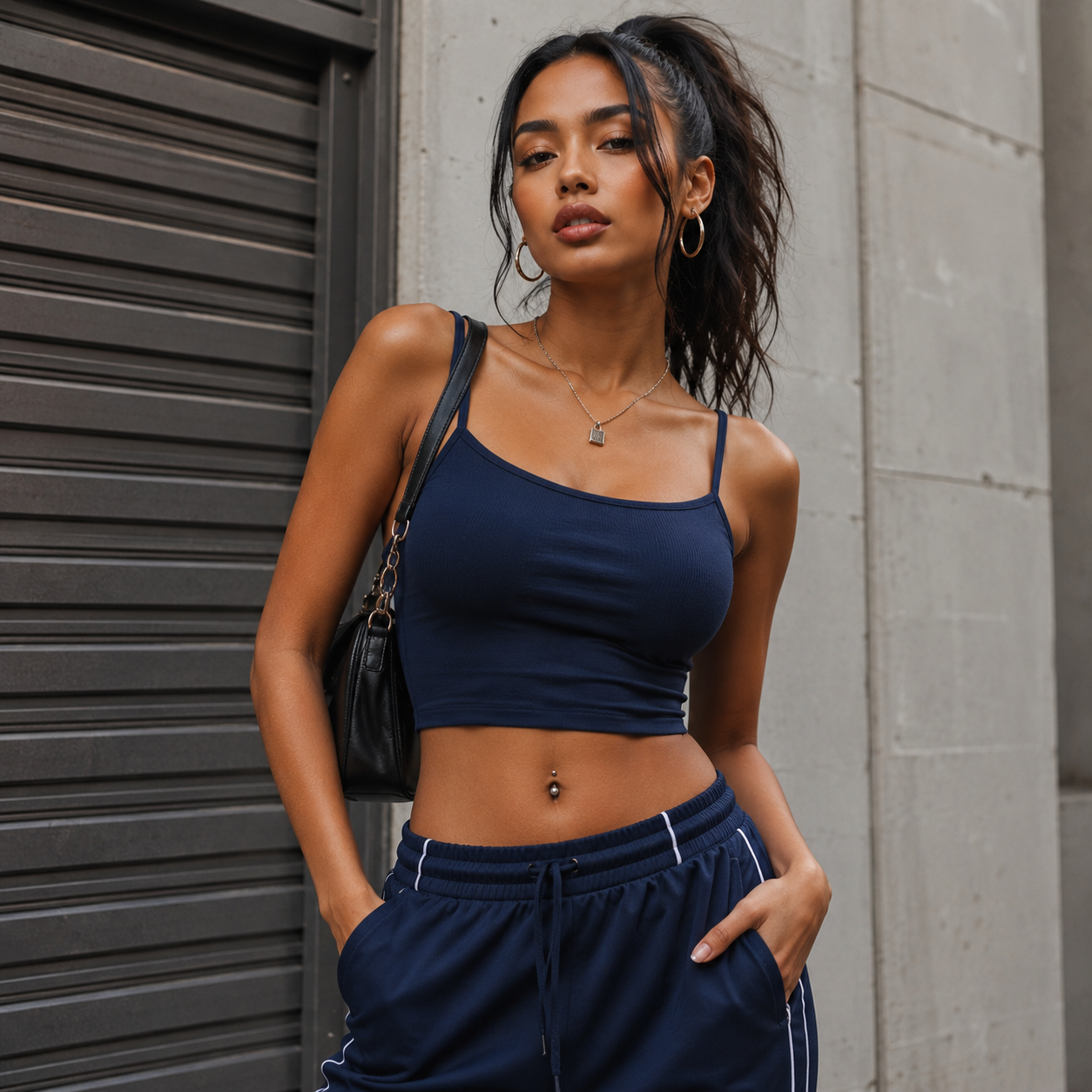 Ribbed Crop Cami Top สี navy blue